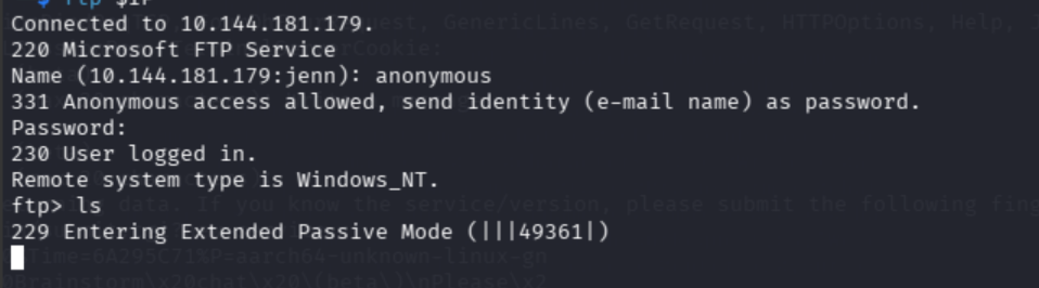 FTP ls opening a passive data connection on port 49361 for directory listing